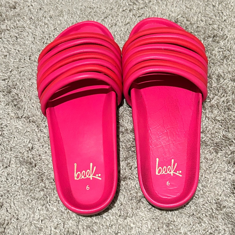 Beek Hoopoe Leather Slide Sandal Pink and Cherry size 6
